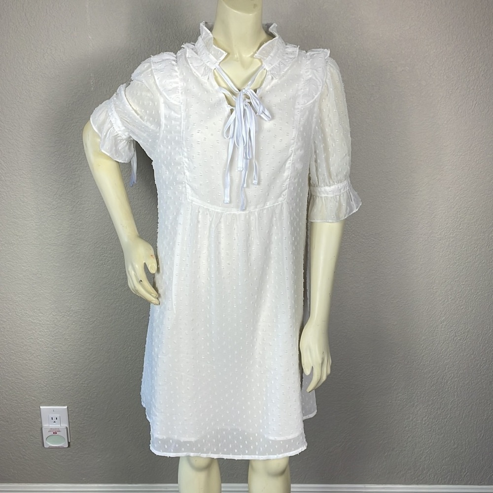 Hey Bona Babydoll Tie Yoke White Dress Swiss Dot Bridal Babyshower Sz M